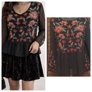 Black Floral Embroidered Blouse Size L Whimsigoth Dark Romantic